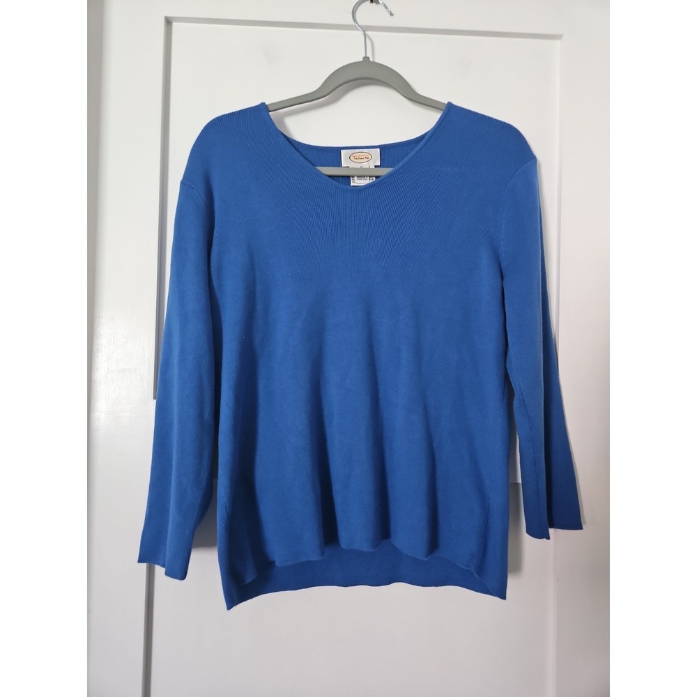 Talbots Vintage 90s Blue Cotton Knit V-Neck Sweater Top Women's Medium Heritage